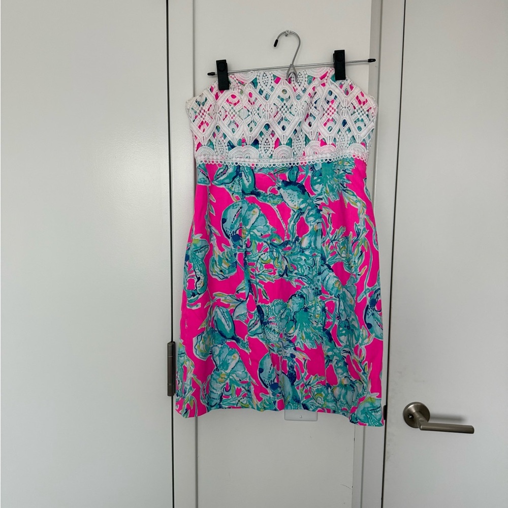 Lilly Pulitzer Pink Blue Green Lobster & White lace strapless shiftdress size 6